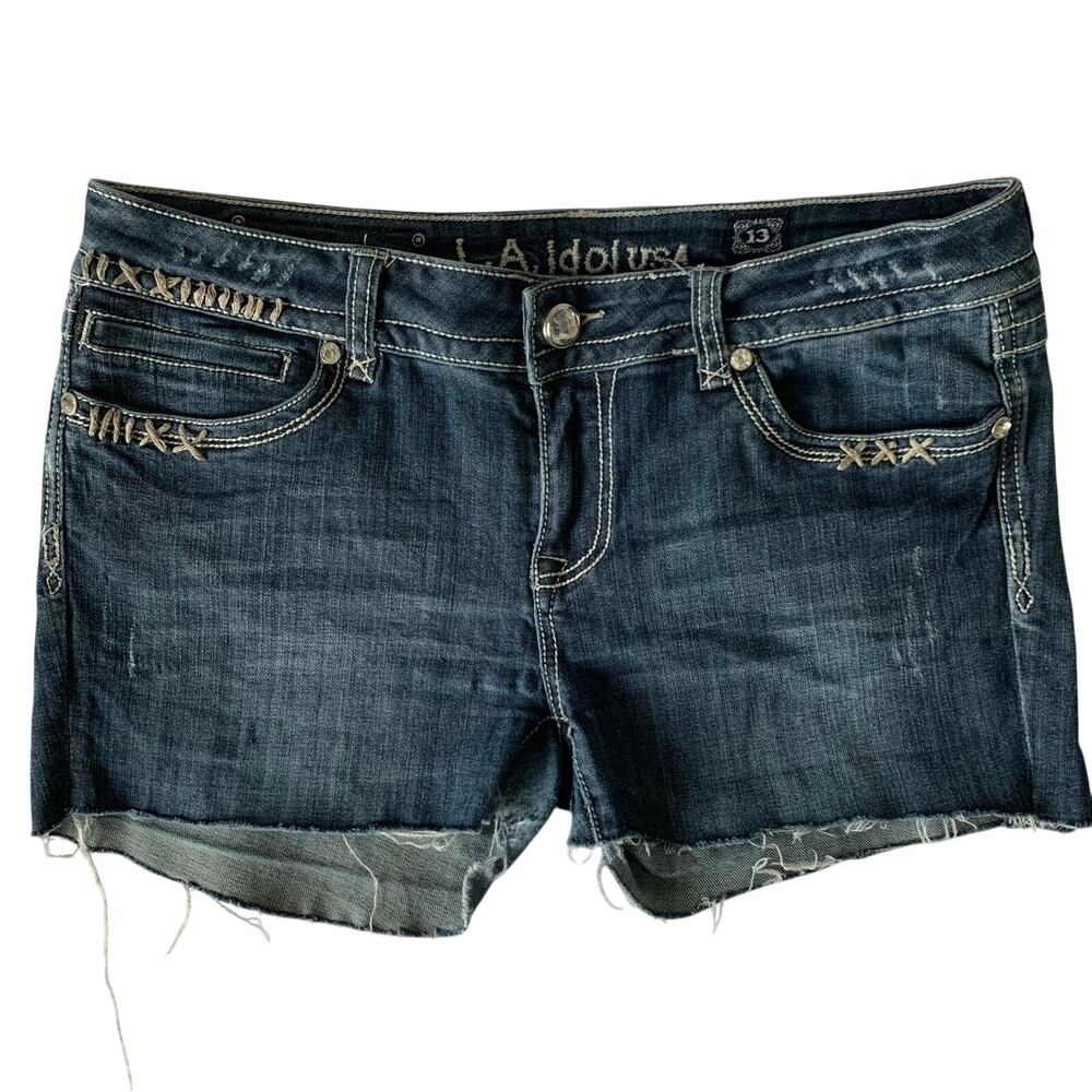 VTG LA Idol Juniors Sz 13 Stretch Denim Jean Shorts Embellishments Flap Pocket